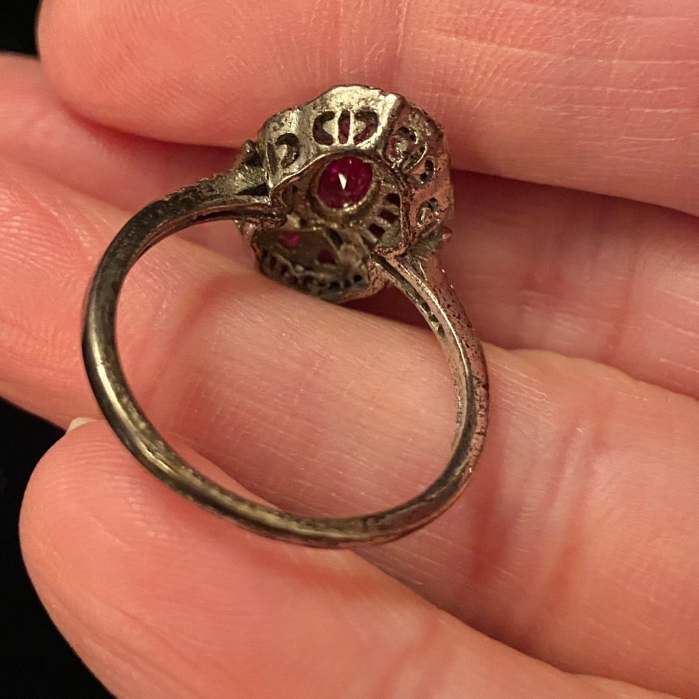 Vintage Art Deco Style Oval Ruby Lab Created Diamond Sterling Silver Ring 9.75 - Picture 5 of 12